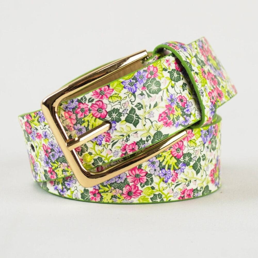 Boho Chic Floral Vegan Leather Adjustable Belt Green